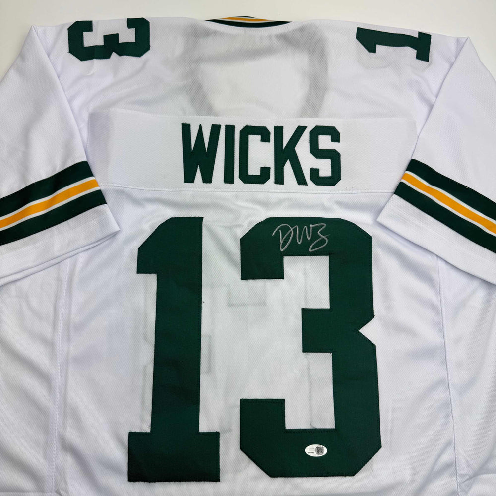 Autographed/Signed Dontayvion Wicks Green Bay White Football Jersey JSA COA (ONLINE ORDER ONLY)