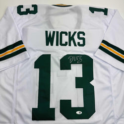 Autographed/Signed Dontayvion Wicks Green Bay White Football Jersey JSA COA (ONLINE ORDER ONLY)