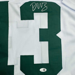 Autographed/Signed Dontayvion Wicks Green Bay White Football Jersey JSA COA (ONLINE ORDER ONLY)