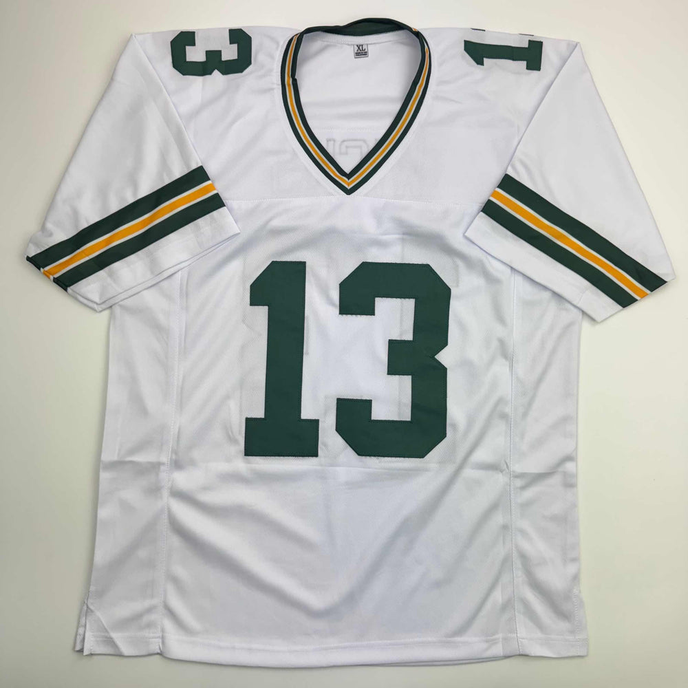 Autographed/Signed Dontayvion Wicks Green Bay White Football Jersey JSA COA (ONLINE ORDER ONLY)