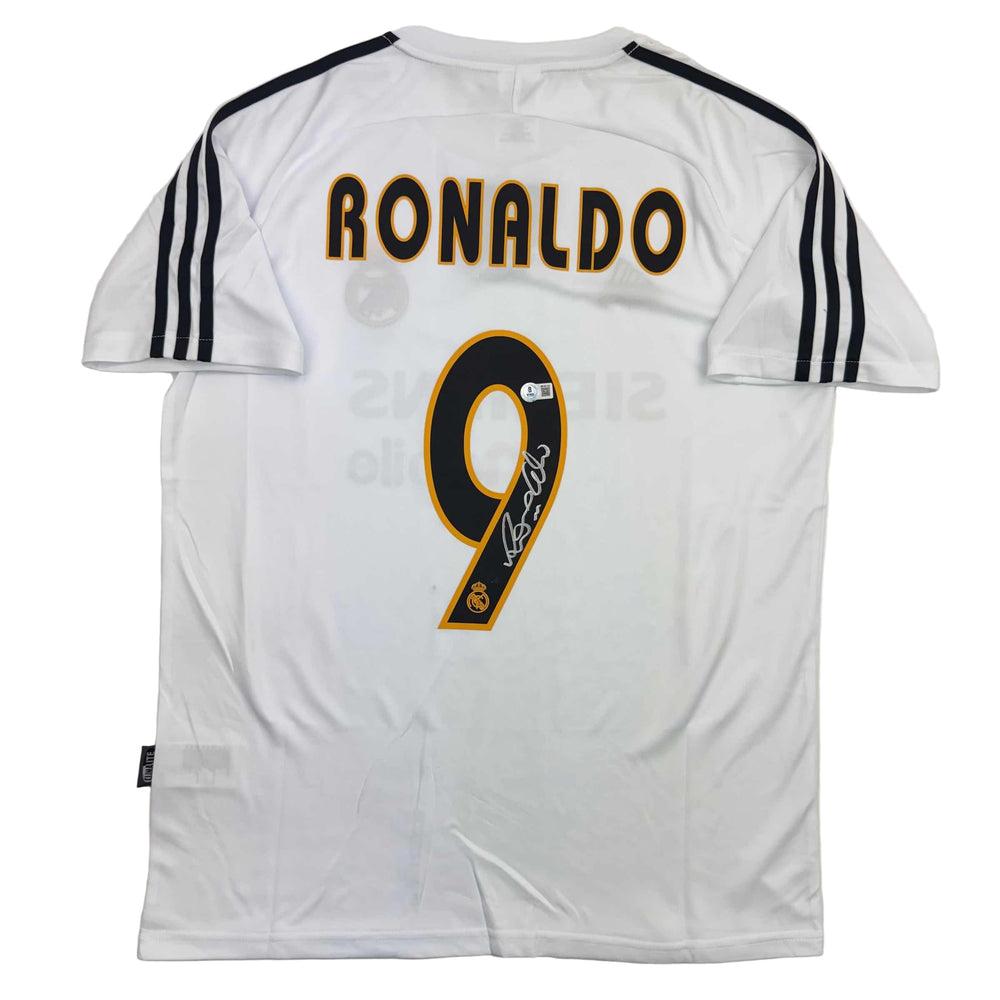 Autographed/Signed Ronaldo Nazario Real Madrid White Soccer Jersey Beckett BAS COA (ONLINE ORDER ONLY)