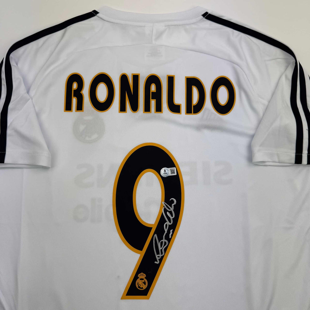 Autographed/Signed Ronaldo Nazario Real Madrid White Soccer Jersey Beckett BAS COA (ONLINE ORDER ONLY)