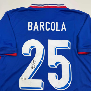 Autographed/Signed Bradley Barcola France French National Team Blue Soccer Jersey Beckett BAS COA (ONLINE ORDER ONLY)
