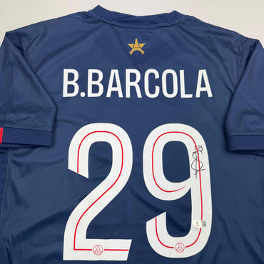 Autographed/Signed Bradley Barcola PSG Paris Saint Germain Blue Soccer Futbol Jersey Beckett BAS COA (ONLINE ORDER ONLY)