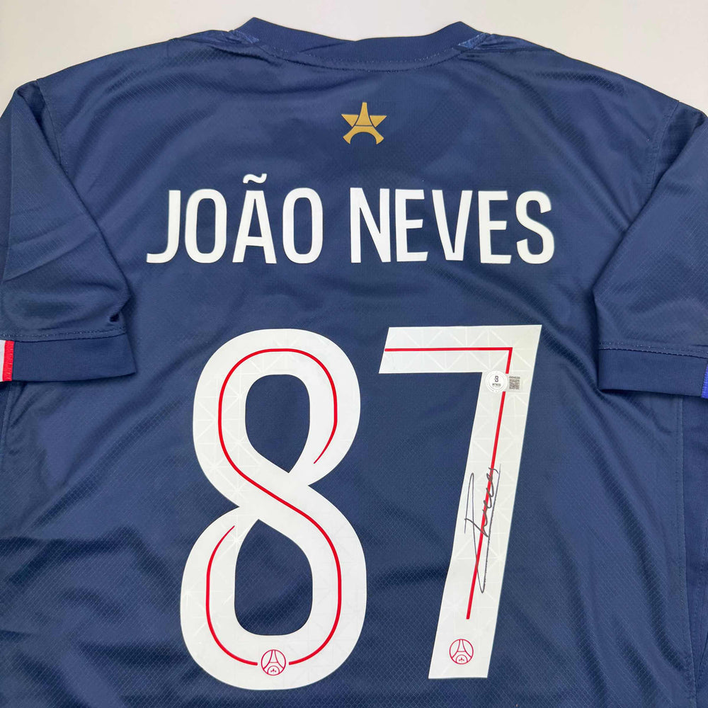 Autographed/Signed Joao Neves PSG Paris Saint Germain Blue Soccer Futbol Jersey Beckett BAS COA (ONLINE ORDER ONLY)