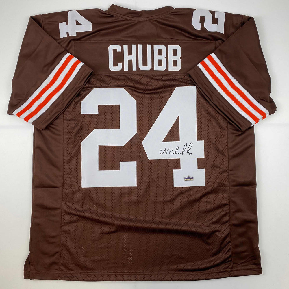 Facsimile Autographed Nick Chubb Cleveland Brown Reprint Laser Auto Football Jersey Size Men's XL (ONLINE ORDER ONLY)