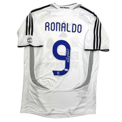 Autographed/Signed Ronaldo Nazario Real Madrid White Soccer Jersey Beckett BAS COA (ONLINE ORDER ONLY)