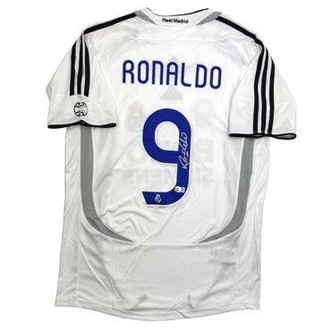 Autographed/Signed Ronaldo Nazario Real Madrid White Soccer Jersey Beckett BAS COA (ONLINE ORDER ONLY)