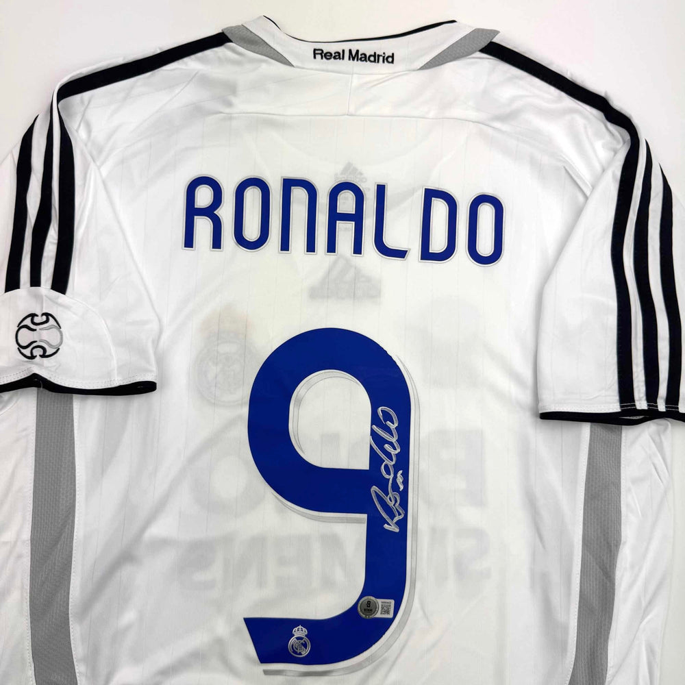 Autographed/Signed Ronaldo Nazario Real Madrid White Soccer Jersey Beckett BAS COA (ONLINE ORDER ONLY)