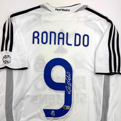 Autographed/Signed Ronaldo Nazario Real Madrid White Soccer Jersey Beckett BAS COA (ONLINE ORDER ONLY)