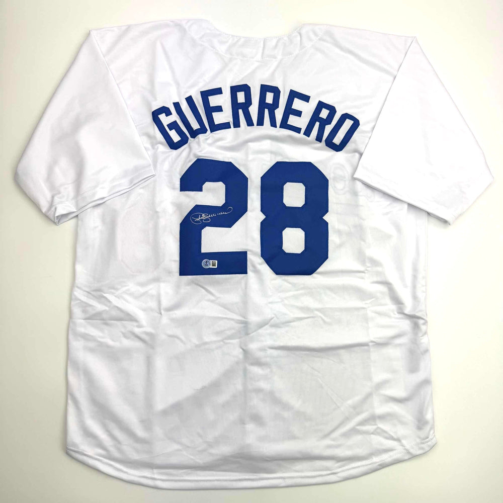 Autographed/Signed Pedro Guerrero Los Angeles LA White Baseball Jersey Beckett BAS COA (ONLINE ORDER ONLY)