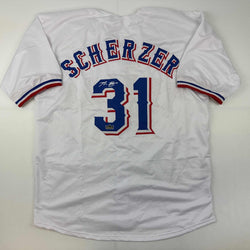Facsimile Autographed Max Scherzer Texas White Reprint Laser Auto Baseball Jersey Size Men's XL (ONLINE ORDER ONLY)