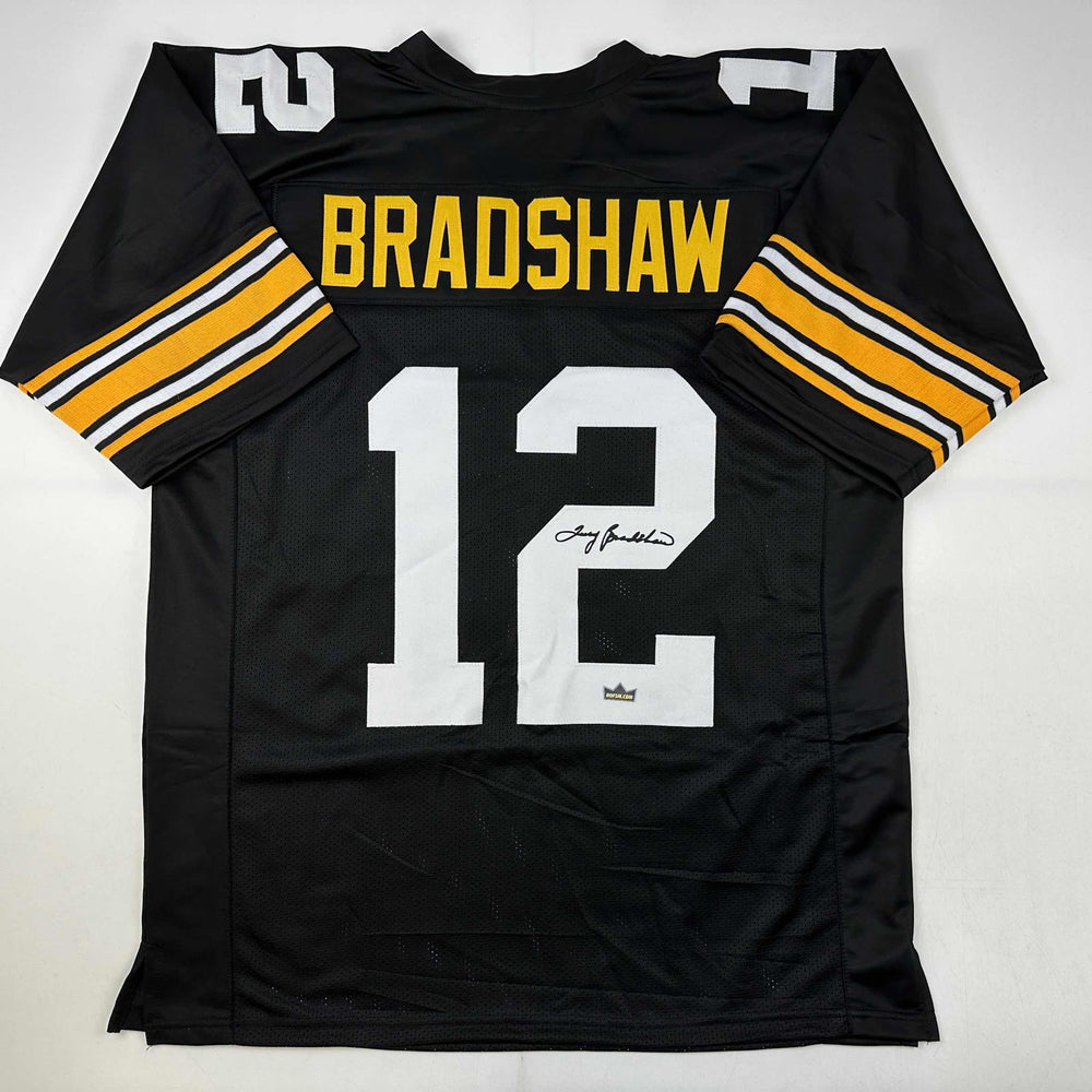Facsimile Autographed Terry Bradshaw Pittsburgh Black Reprint Laser Auto Football Jersey Size Men's XL (ONLINE ORDER ONLY)