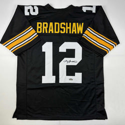 Facsimile Autographed Terry Bradshaw Pittsburgh Black Reprint Laser Auto Football Jersey Size Men's XL (ONLINE ORDER ONLY)