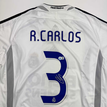 Autographed/Signed Roberto Carlos Real Madrid White Soccer Jersey Beckett BAS COA (ONLINE ORDER ONLY)