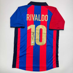 Autographed/Signed Rivaldo Ferreira FC Barcelona Blue Soccer Jersey Beckett BAS COA (ONLINE ORDER ONLY)