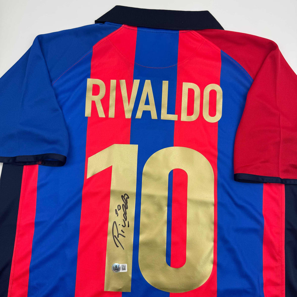 Autographed/Signed Rivaldo Ferreira FC Barcelona Blue Soccer Jersey Beckett BAS COA (ONLINE ORDER ONLY)