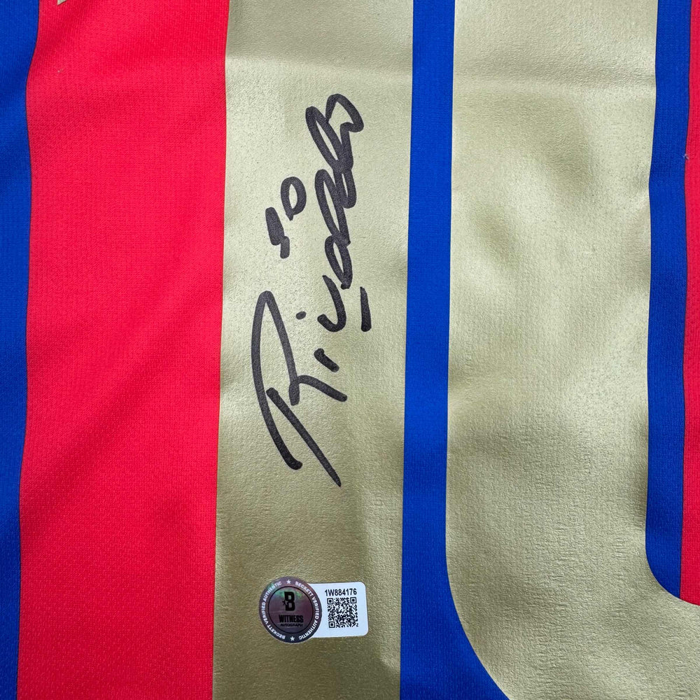 Autographed/Signed Rivaldo Ferreira FC Barcelona Blue Soccer Jersey Beckett BAS COA (ONLINE ORDER ONLY)