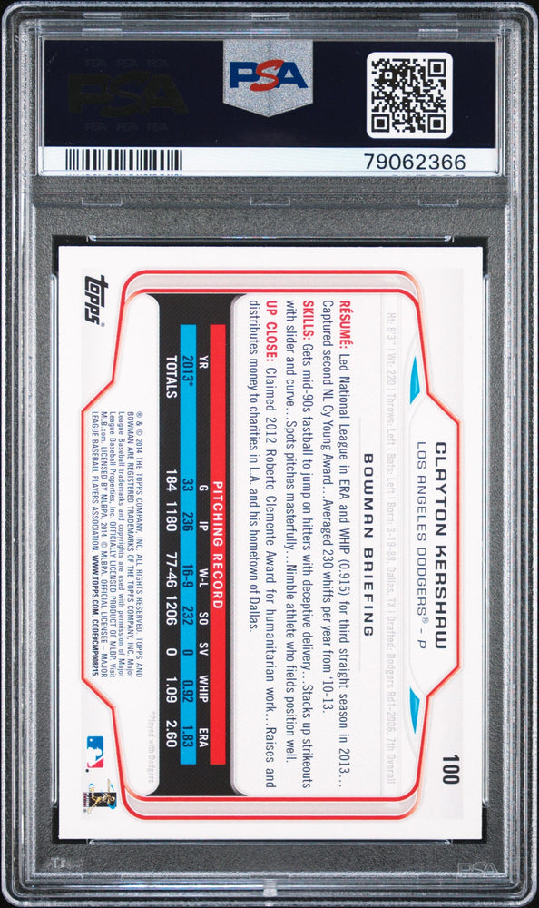 2014 BOWMAN CLAYTON KERSHAW  #100 - PSA 10 (Online Order Only)