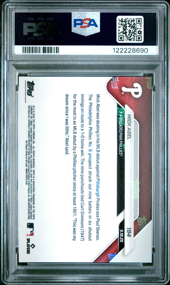 Graded 2025 Topps Now Mick Abel #194 Gold Foil /50 Rookie Baseball Card PSA 9 Mint (ONLINE ORDER ONLY)