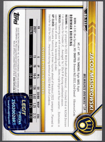 2022 Topps Bowman Draft Jacob Misiorowski #BD132 Auto Milwaukee Brewers Rookie RC Baseball Card Prova COA (ONLINE ORDER ONLY)