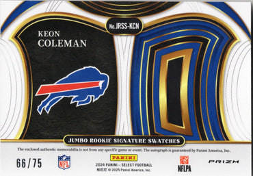 2024 Panini Select Keon Coleman #JRSSKCN Jumbo Patch White Auto /75 Buffalo Bills Rookie RC Football Card (ONLINE ORDER ONLY)
