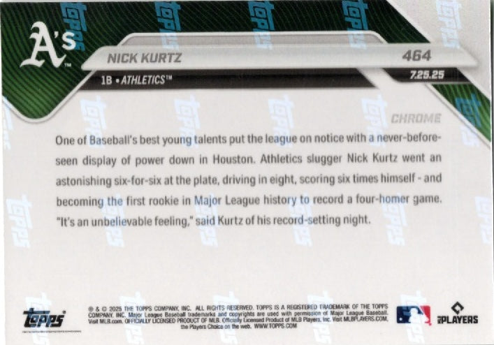 2025 Topps Now Nick Kurtz #464 Gold Foil /50 Athletics Rookie RC Baseball Card (ONLINE ORDER ONLY)