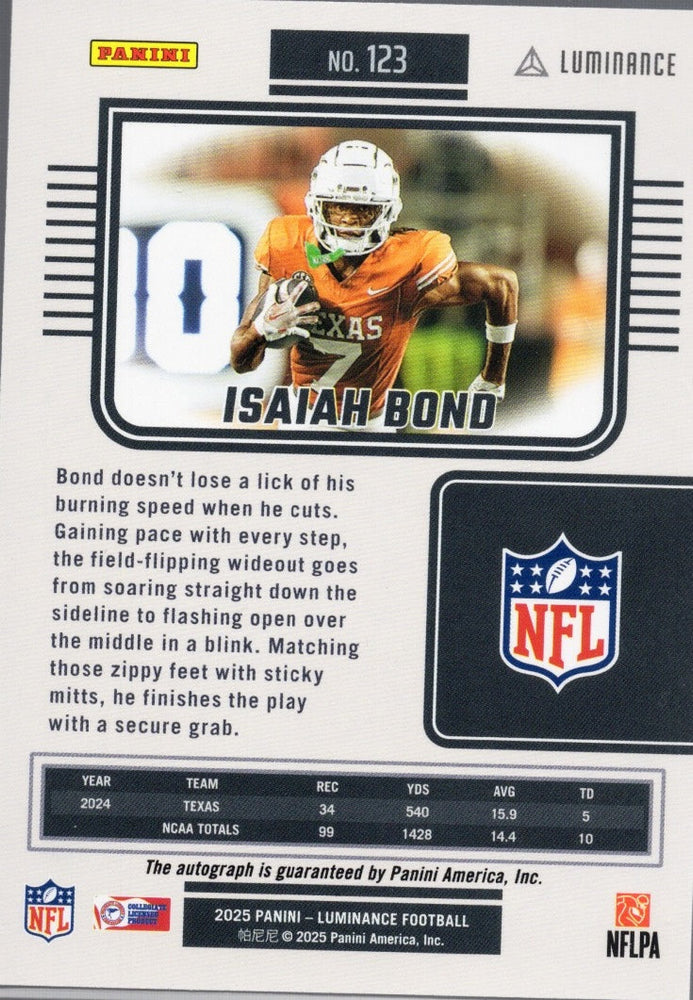 2025 Panini Luminance Isaiah Bond #123 Auto /700 Rookie RC Football Card (ONLINE ORDER ONLY)
