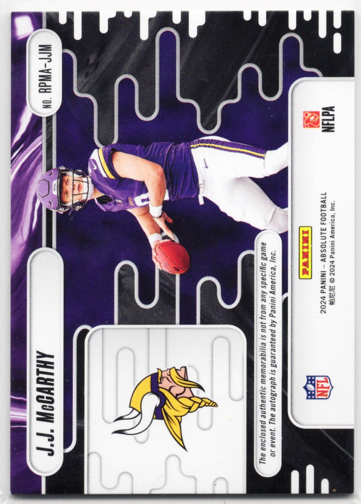 2024 Panini Absolute JJ McCarthy #RPMAJJM Rookie Premiere Patch Auto /299 Rookie RC Football Card (ONLINE ORDER ONLY)
