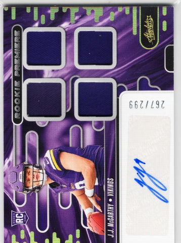 2024 Panini Absolute JJ McCarthy #RPMAJJM Rookie Premiere Patch Auto /299 Rookie RC Football Card (ONLINE ORDER ONLY)