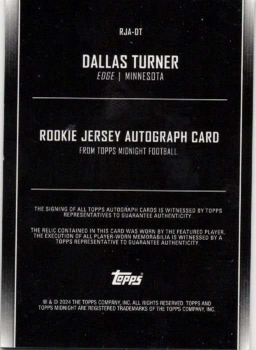 2024 Topps Midnight Dallas Turner #RJADT Rookie Jersey Autograph /50 Minnesota Vikings Rookie RC Football Card (ONLINE ORDER ONLY)