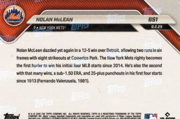 2025 Topps Now Nolan McLean #651 Red Foil /5 New York Mets Rookie RC Baseball Card (ONLINE ORDER ONLY)