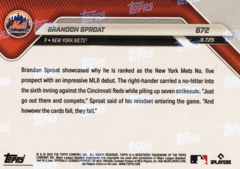 2025 Topps Now Brandon Sproat #672 Superfractor 1/1 New York Mets Rookie RC Baseball Card (ONLINE ORDER ONLY)
