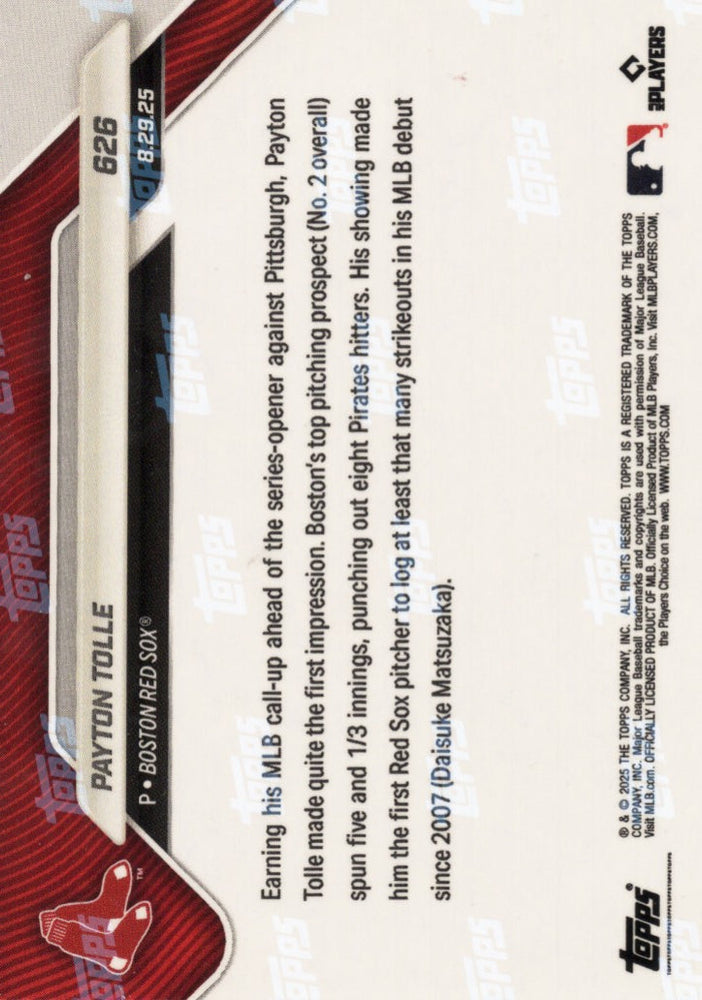 2025 Topps Now Payton Tolle #626 Gold Foil /50 Boston Red Sox Rookie RC Baseball Card (ONLINE ORDER ONLY)