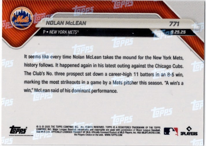 2025 Topps Now Nolan McLean #771 Gold Foil /50 New York Mets Rookie RC Baseball Card (ONLINE ORDER ONLY)