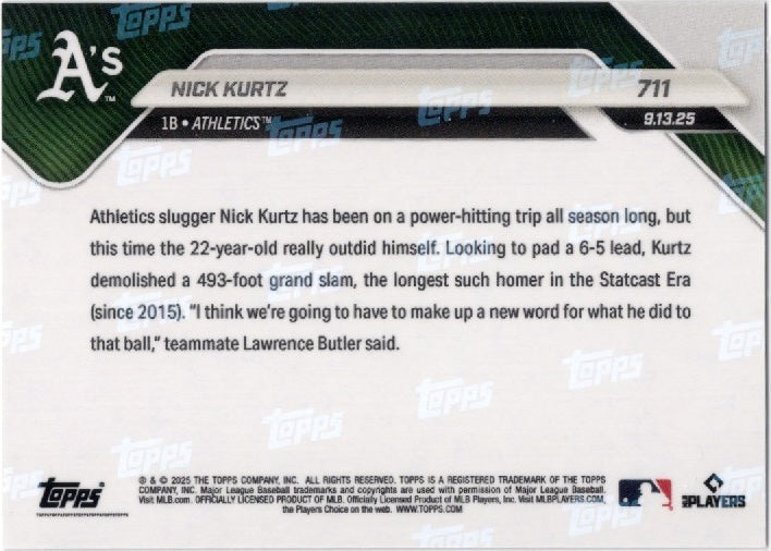 2025 Topps Now Nick Kurtz #711 Black Foil /10 Athletics Rookie RC Baseball Card (ONLINE ORDER ONLY)