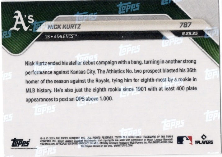 2025 Topps Now Nick Kurtz #787 Gold Foil /50 Athletics Rookie RC Baseball Card (ONLINE ORDER ONLY)