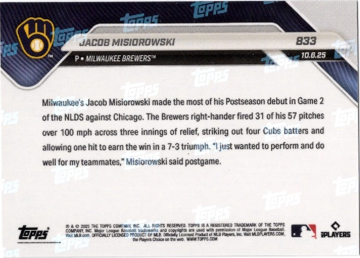 2025 Topps Now Jacob Misiorowski #833 Black Foil /10 Milwaukee Brewers Rookie RC Baseball Card (ONLINE ORDER ONLY)
