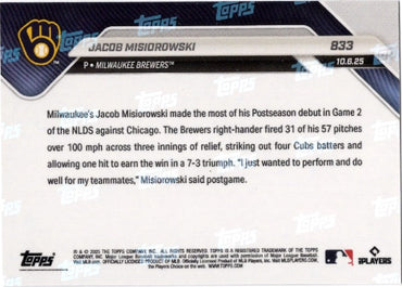 2025 Topps Now Jacob Misiorowski #833 Black Foil /10 Milwaukee Brewers Rookie RC Baseball Card (ONLINE ORDER ONLY)