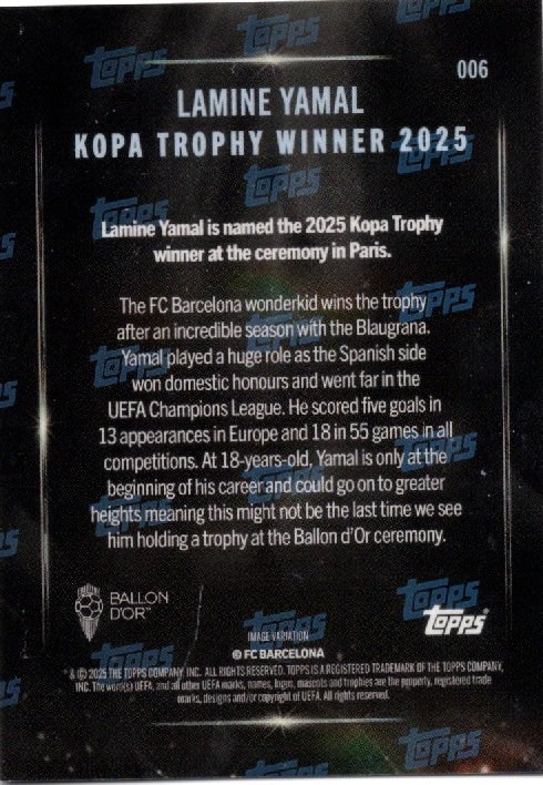 2025 Topps Now Lamine Yamal #006 Image Variation Kopa Trophy Winner Soccer Card (ONLINE ORDER ONLY)