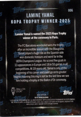 2025 Topps Now Lamine Yamal #006 Image Variation Kopa Trophy Winner Soccer Card (ONLINE ORDER ONLY)