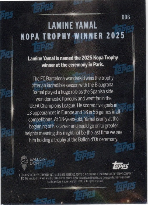 2025 Topps Now Lamine Yamal #006 Kopa Trophy Winner Gold Foil /50 Soccer Card (ONLINE ORDER ONLY)