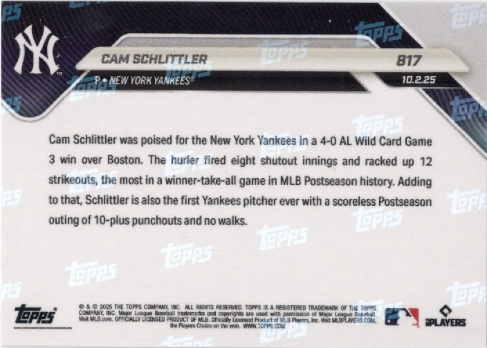 2025 Topps Now Cam Schlitter #817 Gold Foil /50 New York Yankees Rookie RC Baseball Card (ONLINE ORDER ONLY)