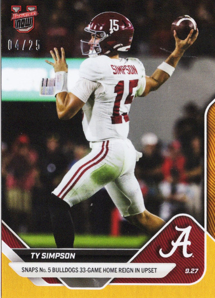 2025 Topps Bowman U Now Ty Simpson #22 Orange Foil /25 Alabama Crimson Tide Rookie RC Football Card (ONLINE ORDER ONLY)