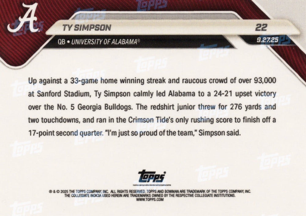 2025 Topps Bowman U Now Ty Simpson #22 Orange Foil /25 Alabama Crimson Tide Rookie RC Football Card (ONLINE ORDER ONLY)