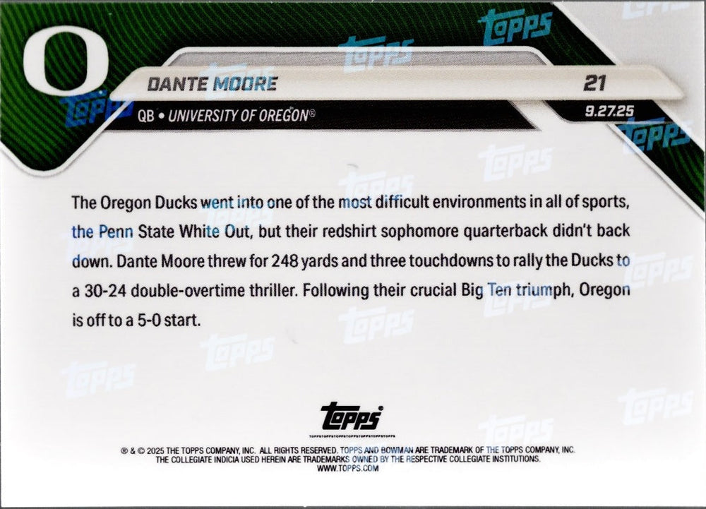 2025 Topps Bowman U Now Dante Moore #21 Black Foil /10 Oregon Ducks Rookie RC Football Card (ONLINE ORDER ONLY)