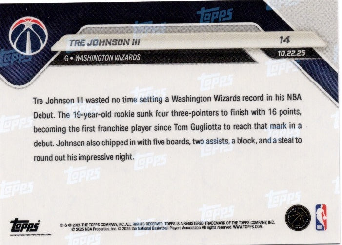 2025 Topps Now Tre Johnson #14 Green Foil /99 Washington Wizards Rookie RC Basketball Card (ONLINE ORDER ONLY)