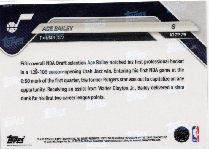 2025 Topps Now Ace Bailey #9 Green Foil /99 Utah Jazz Rookie RC Basketball Card (ONLINE ORDER ONLY)