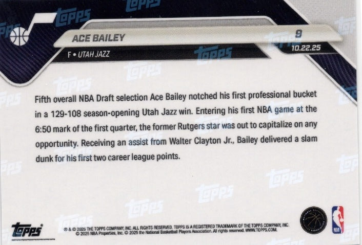 2025 Topps Now Ace Bailey #9 Orange Foil /25 Utah Jazz Rookie RC Basketball Card (ONLINE ORDER ONLY)