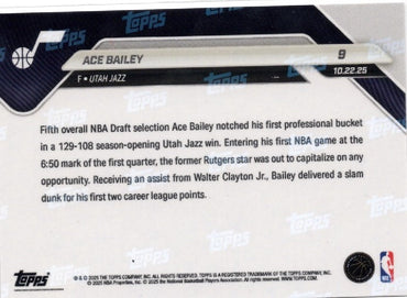 2025 Topps Now Ace Bailey #9 Gold Foil /50 Utah Jazz Rookie RC Basketball Card (ONLINE ORDER ONLY)